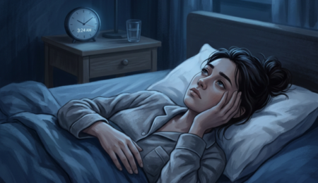 Ilustração de uma pessoa deitada na cama, acordada durante a noite e com expressão pensativa. O ambiente possui tons escuros de azul, transmitindo a sensação de insônia, cansaço mental e peso emocional, representando a relação entre os distúrbios do sono e a depressão.