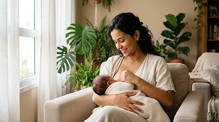 Mãe amamentando recém-nascido em ambiente claro e aconchegante, representando a conexão entre amamentação e saúde mental materna no puerpério