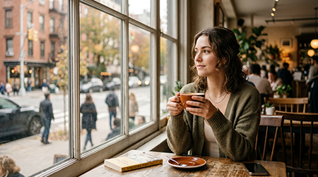 Jovem adulto com expressão reflexiva olhando pela janela em café, representando a depressão em jovens e a busca por ajuda