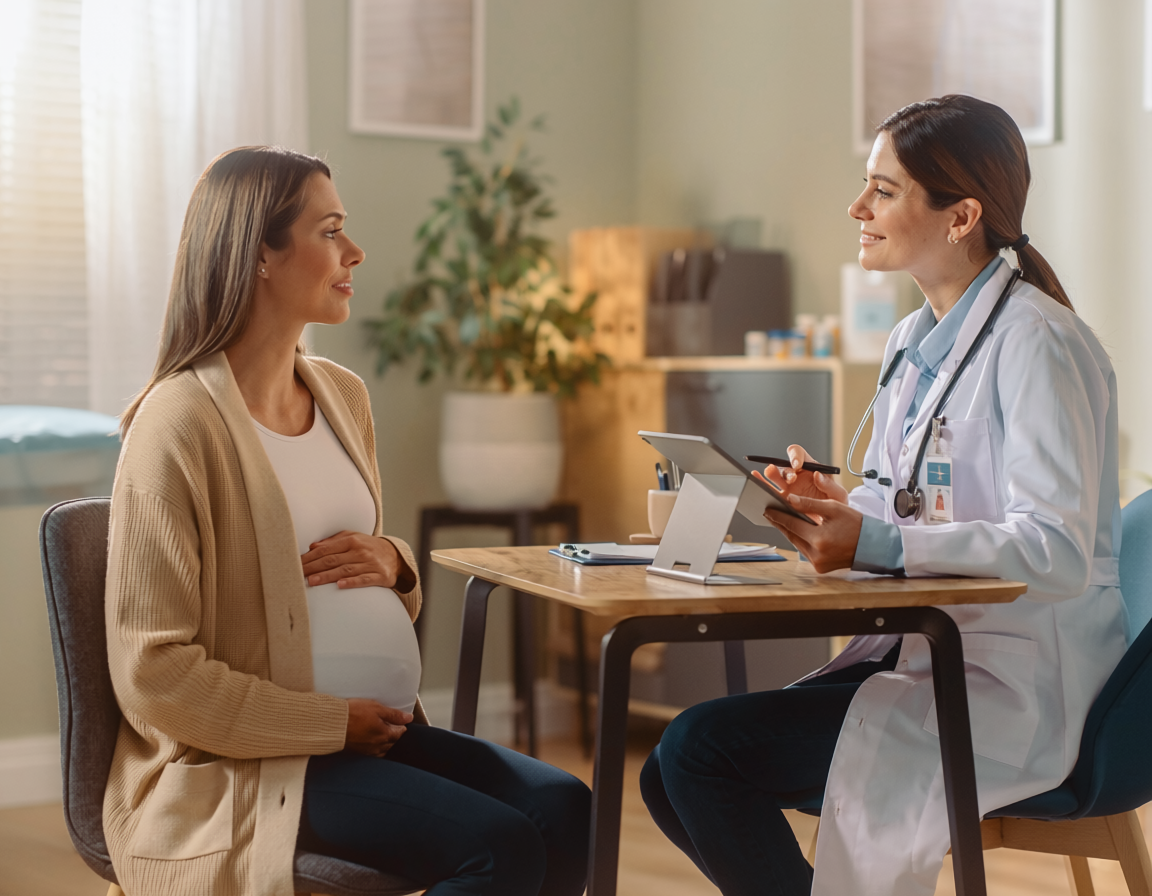 Gestante em consulta médica acolhedora, representando o acompanhamento psiquiátrico durante a gravidez e o uso seguro de remédios na gestação